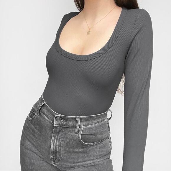 Aritzia Tops - Aritzia Babaton Formarib Scoop Neck Long Sleeve Slim Bodysuit Chrome Grey XS